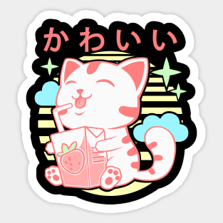 Kawaii Aesthetics Japanese Strawberry Milk Shake かわいい Cat - Pink - Strawberry Milk Sticker